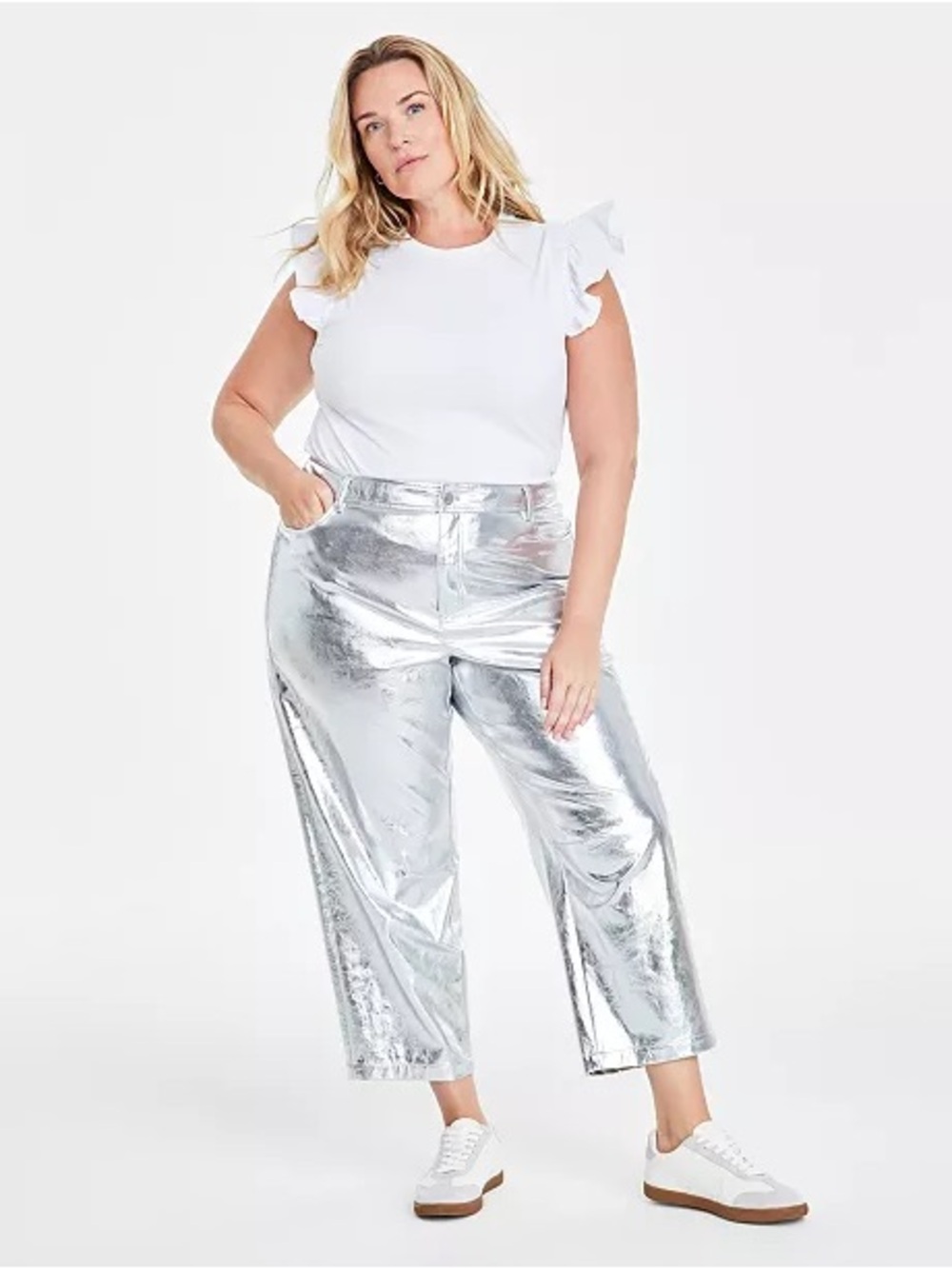 NEW On 34th Silver Barrel Leg Relaxed Fit Foil Metallic Pants Size 16